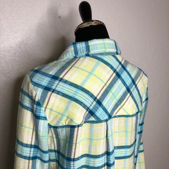 Soft Surroundings white blue yellow plaid flannel button down top size Small - Picture 11 of 15